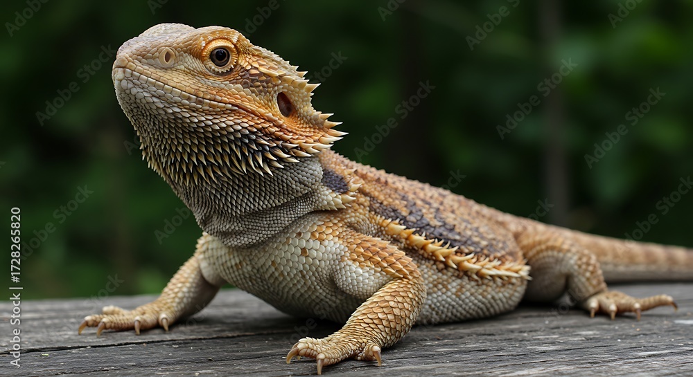 Fototapeta premium Bearded dragon lizard perched on wooden surface with detailed scales