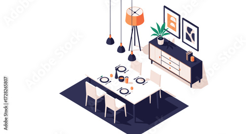 A modern dining room interior with a table chairs and sideboard.