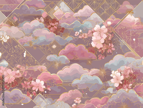 幻想的な桜と雲の模様、和風の幾何学模様と金色の装飾が施された美しい背景