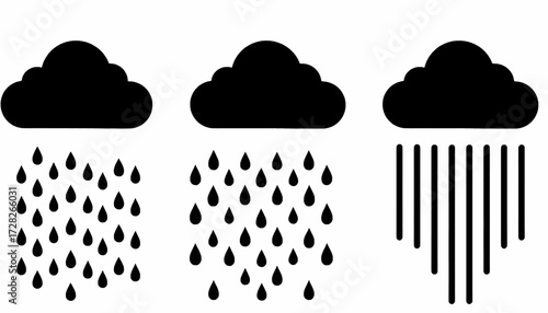 Three black cloud icons with varying styles of raindrops, representing different intensities of rainfall.