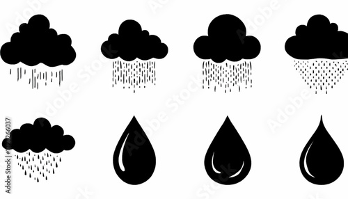 A collection of eight black weather icons depicting various rain clouds and water droplets on a white background.