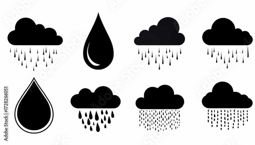 A collection of stylized black cloud icons depicting various intensities of rainfall, alongside two large, solid water drop symbols representing precipitation.
