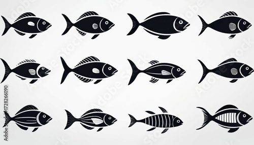 A collection of stylized black fish illustrations, showcasing various designs and details.