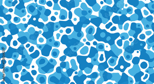 Abstract organic shapes in varying shades of blue and white create a mesmerizing cellular pattern.