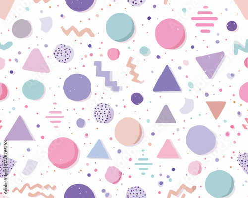 パステルカラーの幾何学模様が散りばめられた、かわいらしいベクターパターン背景
