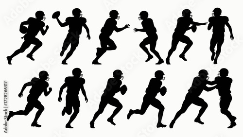 Silhouettes of rugby players' body movements, a collection of vector illustrations
