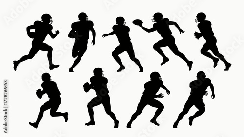 Silhouettes of rugby players' body movements, a collection of vector illustrations