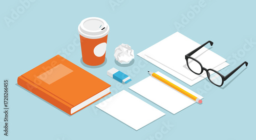 Study and work essentials arranged neatly on a light blue surface.