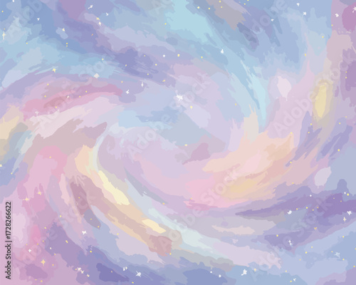 幻想的なパステルカラーの渦巻き模様とキラキラした星々が輝く宇宙空間のベクター背景