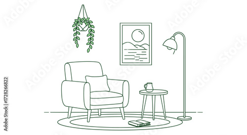 A cozy armchair sits next to a side table with a lamp and a plant in this line art illustration.