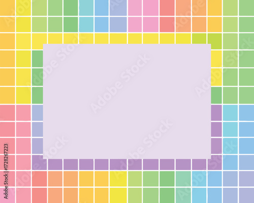 カラフルなパステルカラーのグリッドパターンに囲まれた、シンプルな薄紫色の長方形の空白スペース、ベクターイラスト