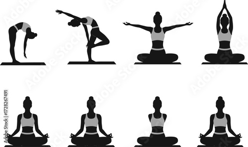 Silhouette yoga, meditation poses, mindfulness practice, seated posture, black figures, wellness lifestyle, spiritual activity