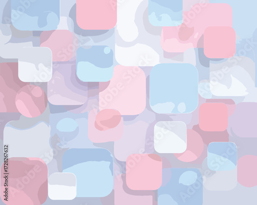 淡いパステルカラーの幾何学模様が重なり合う、柔らかく抽象的な背景デザイン。ベクター素材。