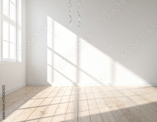 Bright empty room with natural sunlight casting geometric shadows on wooden floor and white walls.