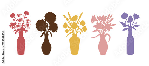 A variety of wild and garden flowers displayed in vases and bottles, isolated on a white backdrop. A bundle of bouquets. A set of decorative floral design elements. Vector illustration
