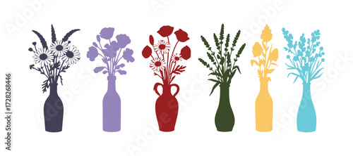 A mix of wild and garden flowers arranged in vases and bottles, set against a white background. A bunch of bouquets. A collection of decorative floral design elements. Vector illustration