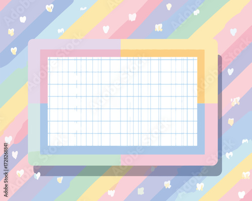 パステルカラーの虹とハートが背景の、かわいいチェック柄のメモ帳ベクターイラスト