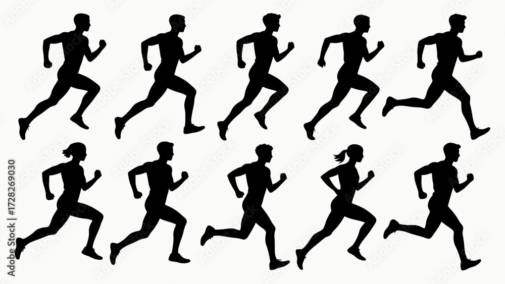 Naklejka premium Silhouettes of running athletes' body movements, a collection of vector illustrations