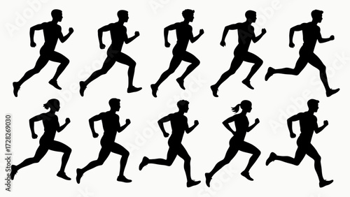 Silhouettes of running athletes' body movements, a collection of vector illustrations