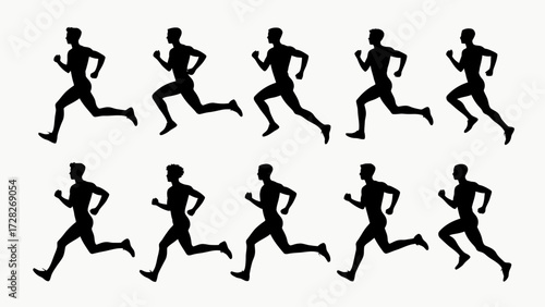 Silhouettes of running athletes' body movements, a collection of vector illustrations