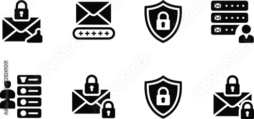 Security and Privacy Icons: Locks, Envelopes, Shields, and Servers