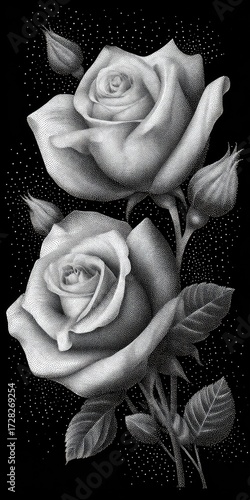 Two delicate roses in grayscale shading, accented by a subtle dotted background, display exquisite detail and a timeless elegance.