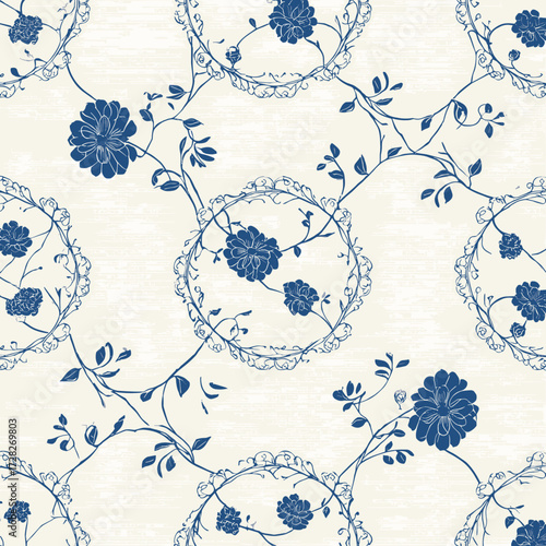 Korean blue floral porcelain seamless pattern, traditional oriental textile design