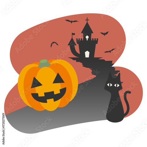 ハロウィンのかぼちゃと黒猫とお城のイラスト