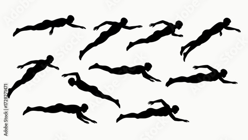 Silhouettes of swimmers' body movements, a collection of vector illustrations