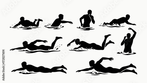 Silhouettes of swimmers' body movements, a collection of vector illustrations