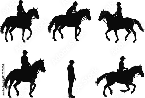 Silhouette horses, horseback riding, equestrian activity, people riding horses, rural lifestyle, black figures