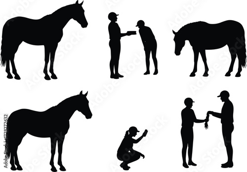 Silhouette people, horse interaction, animal care, rural lifestyle, equestrian activity, black figures, livestock
