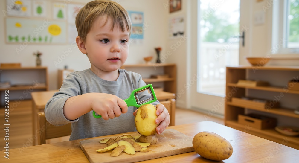 Fototapeta premium Child peeling potato