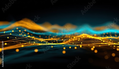 A dynamic display of interconnected luminous points and lines, creating a landscape-like effect with vibrant turquoise and golden hues.