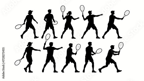 Silhouette of tennis players' body movements, a collection of vector illustrations