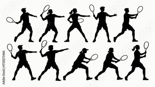 Silhouette of tennis players' body movements, a collection of vector illustrations