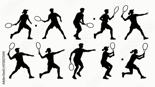 Silhouette of tennis players' body movements, a collection of vector illustrations