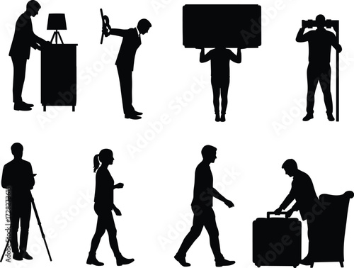 Silhouette people, human activities, walking posture, holding objects, lifestyle illustration, communication design