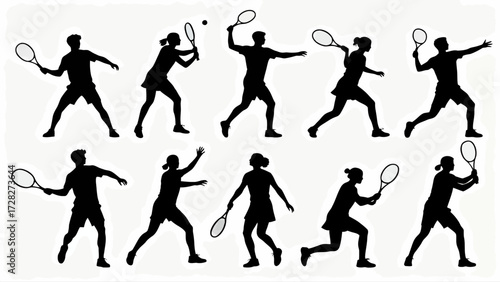 Silhouette of tennis players' body movements, a collection of vector illustrations