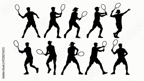 Silhouette of tennis players' body movements, a collection of vector illustrations
