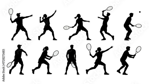 Silhouette of tennis players' body movements, a collection of vector illustrations