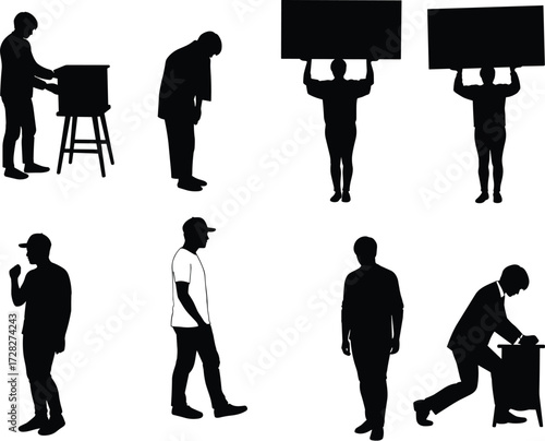 Silhouette people, holding signs, voting booth, protest activity, lifestyle illustration, communication design,