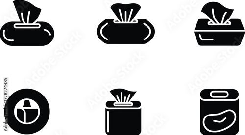 Collection of Black and White Icons Representing Wet Wipes and Tissues
