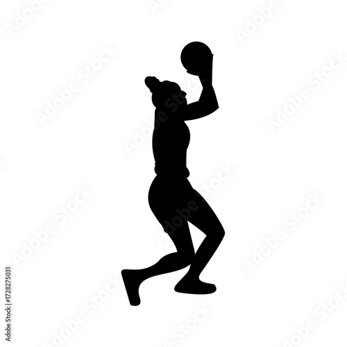 Black vector silhouette illustration of a woman shooting a basketball