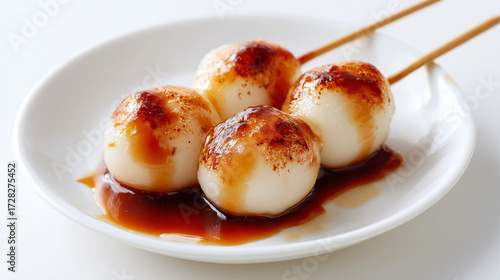 白い背景で照りのある濃厚なみたらし餡に浸された食欲をそそる焼き団子