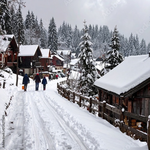 Snowy village street scene with people walking, snow-covered houses and evergreen trees