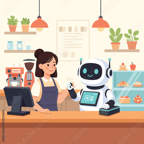 A woman and a robot working behind a counter in a cafe with pastries and coffee machines visible