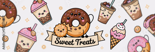 Cheerful Cartoon Sweet Treats Illustration Featuring Donuts Bubble Tea Ice Cream and Cookies Banner 