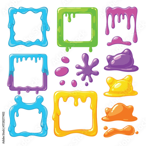 Cartoon slime drips. Colorful goo and sticky glue textures, slimy paint sludge, toxic jelly blobs, mucus dribbles, and gooey splashes. Fun Halloween decoration element. Vector set.