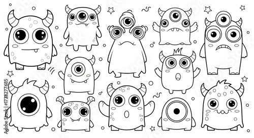 Collection of cute, whimsical, and friendly cartoon monsters with various expressions and features.